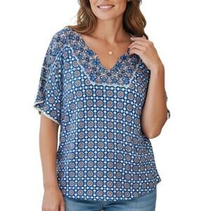 Chicos Mixed Tile Print Top Size 3 (Womens XL) Turquoise V-Neck Geo Casual